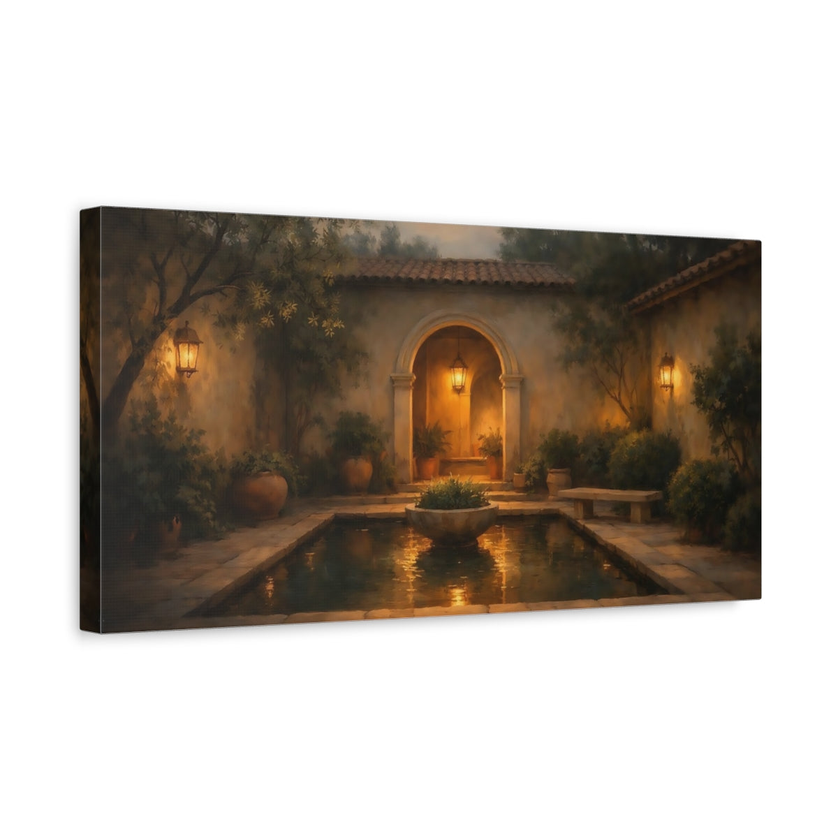Side Mockup 3. Vintage Courtyard Evening Courtyard shown as stretched canvas wall art