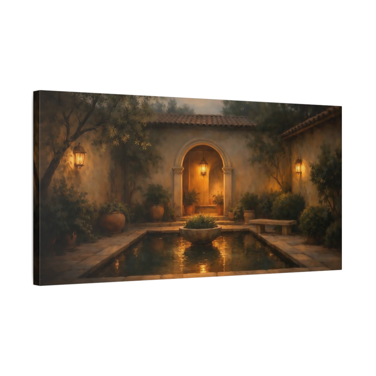 Side Mockup 2. Vintage Courtyard Evening Courtyard shown as stretched canvas wall art
