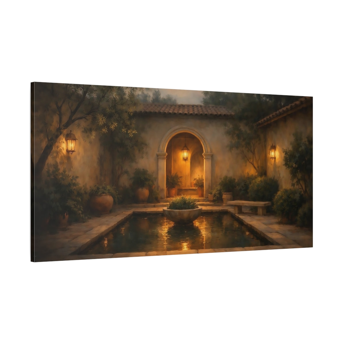 Main Mockup. Vintage Courtyard Evening Courtyard shown as stretched canvas wall art