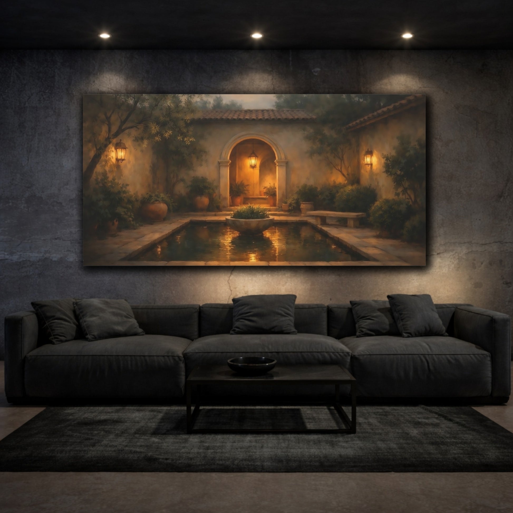 Mockup 2. Vintage Courtyard Evening Courtyard shown as stretched canvas wall art
