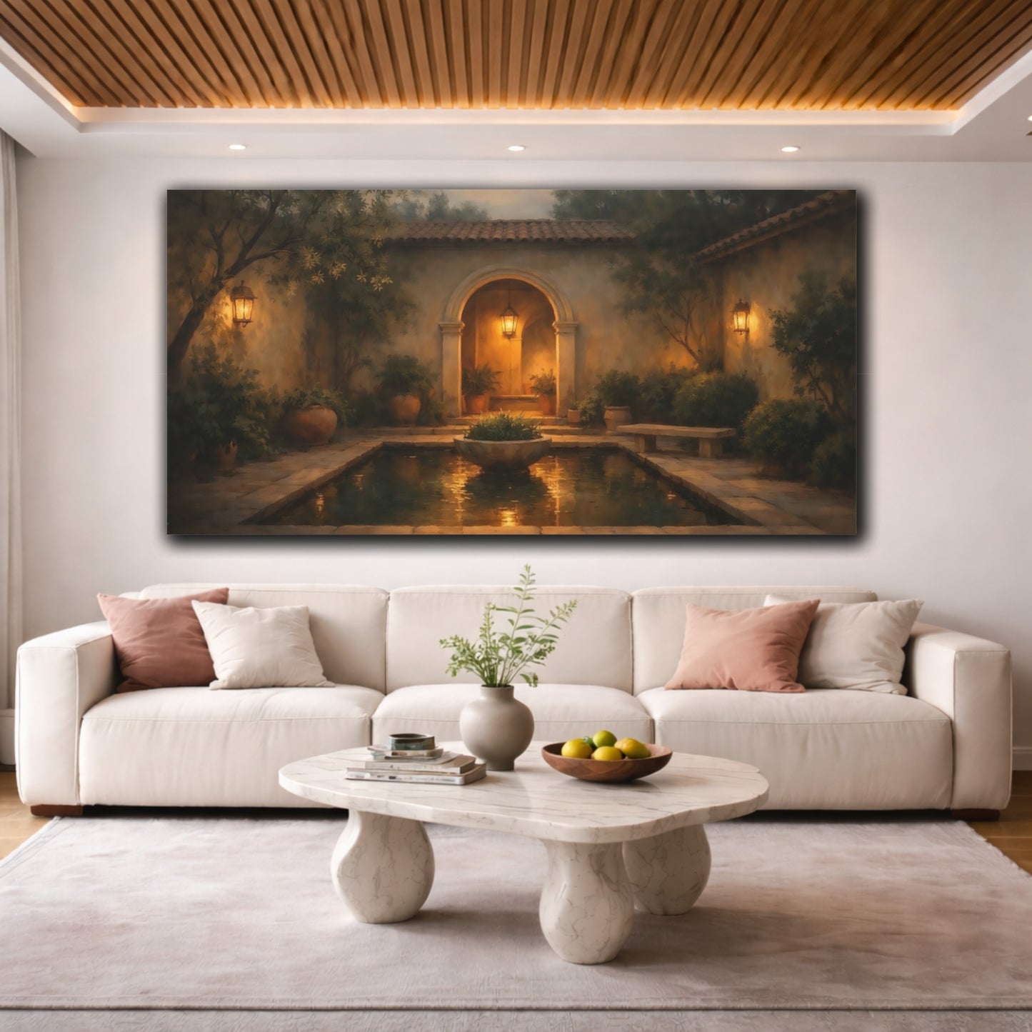 Mockup 3. Vintage Courtyard Evening Courtyard shown as stretched canvas wall art