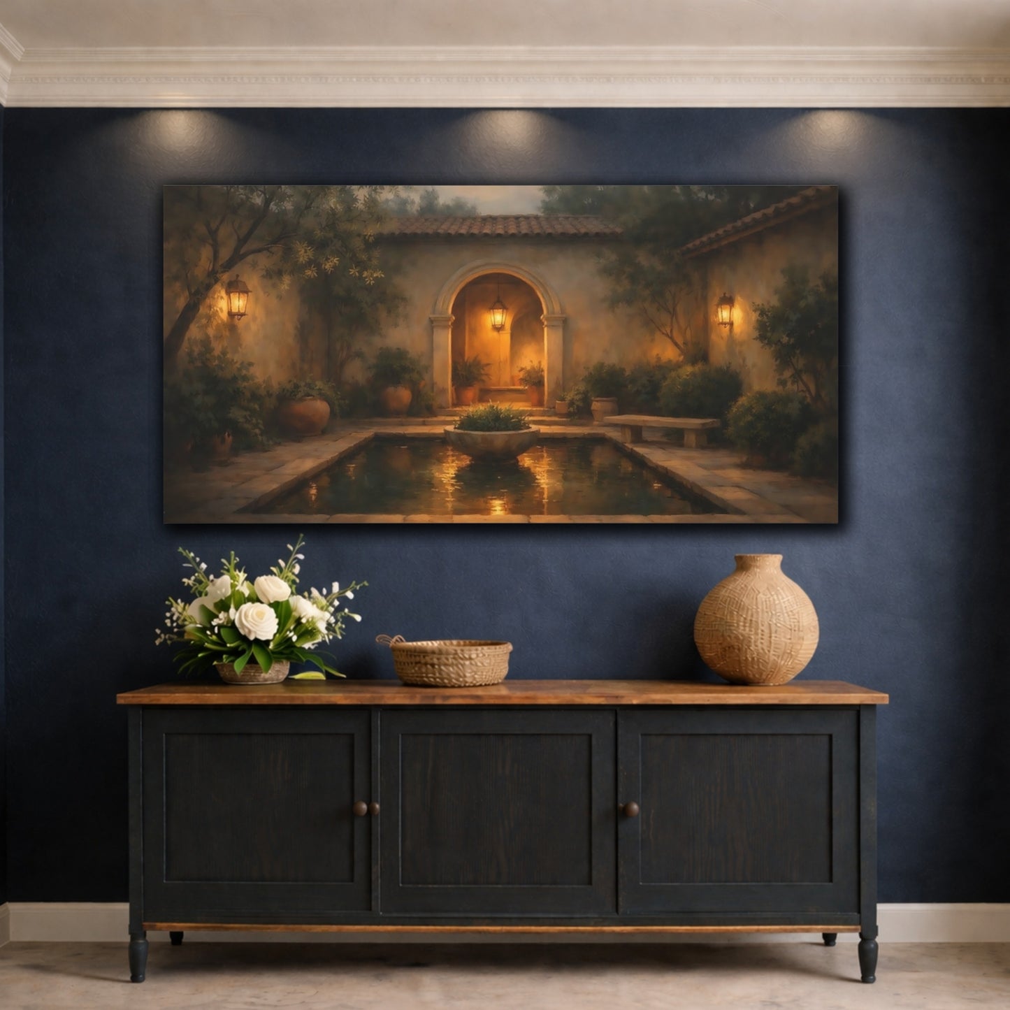 Mockup 4. Vintage Courtyard Evening Courtyard shown as stretched canvas wall art