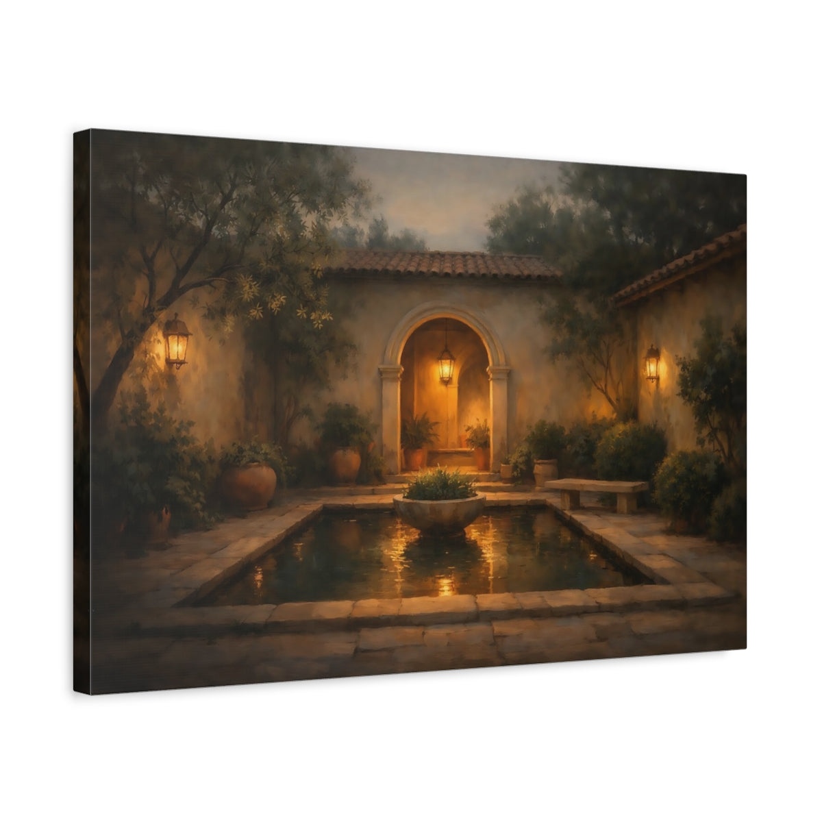 Side Mockup 3. Vintage Courtyard Garden Tuscan Courtyard shown as stretched canvas wall art