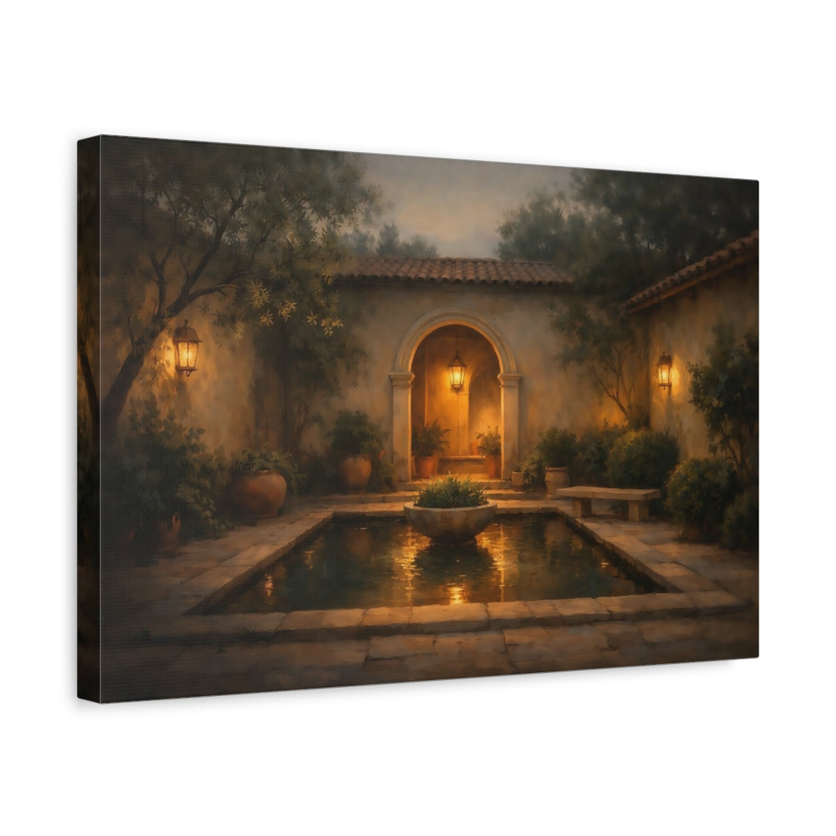 Side Mockup 4. Vintage Courtyard Garden Tuscan Courtyard shown as stretched canvas wall art