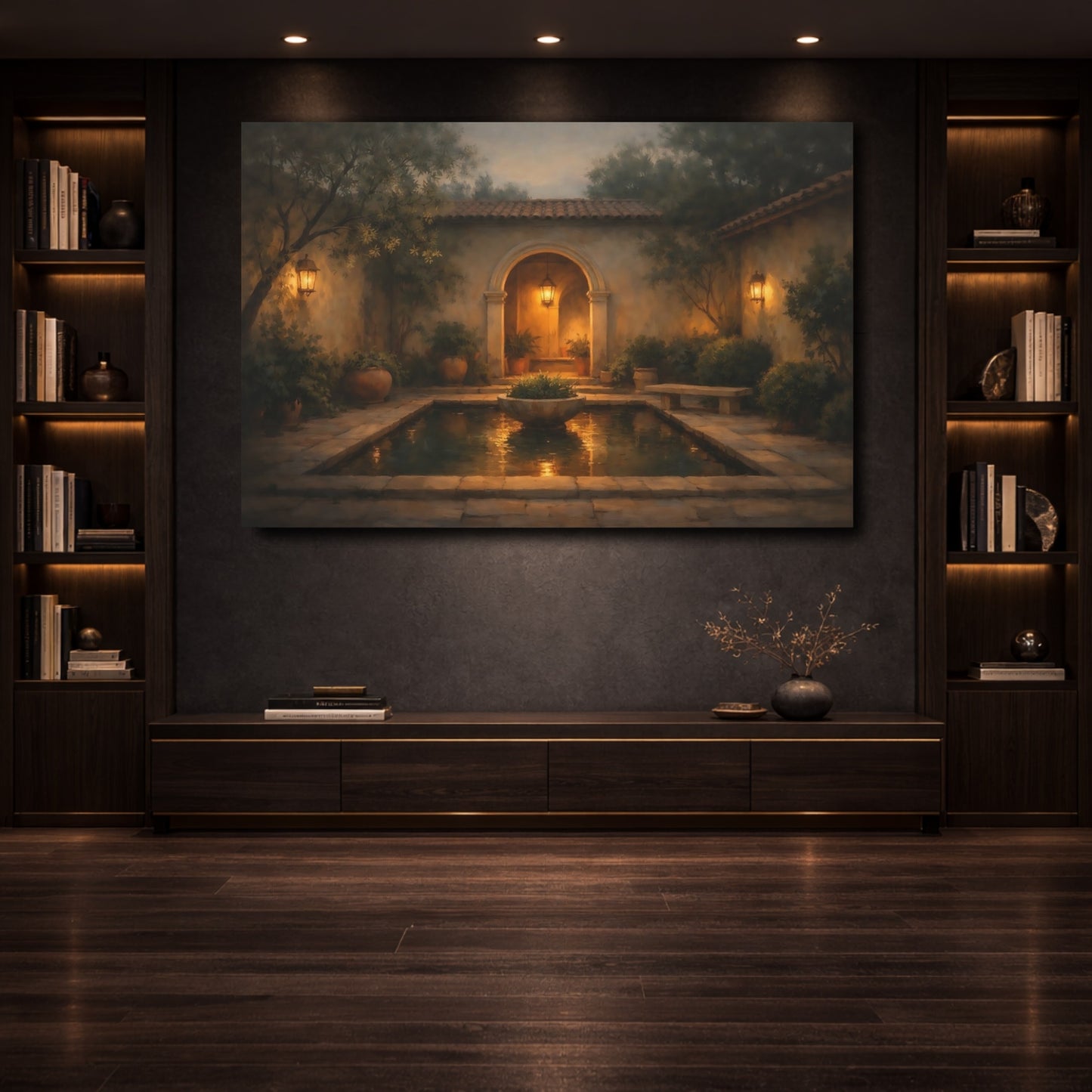 Mockup 3. Vintage Courtyard Garden Tuscan Courtyard shown as stretched canvas wall art