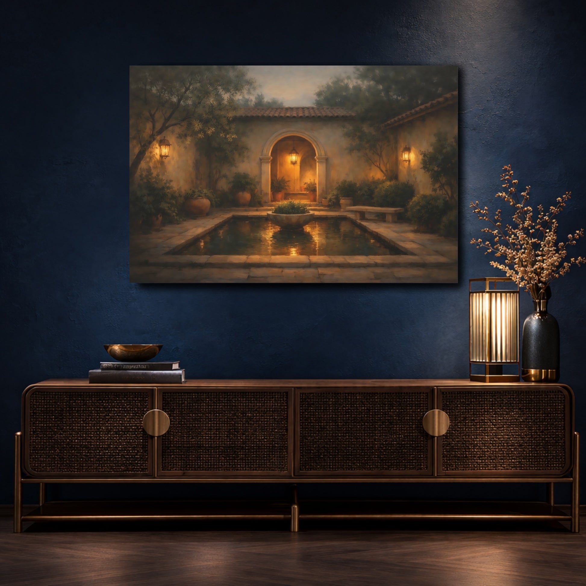 Mockup 4. Vintage Courtyard Garden Tuscan Courtyard shown as stretched canvas wall art