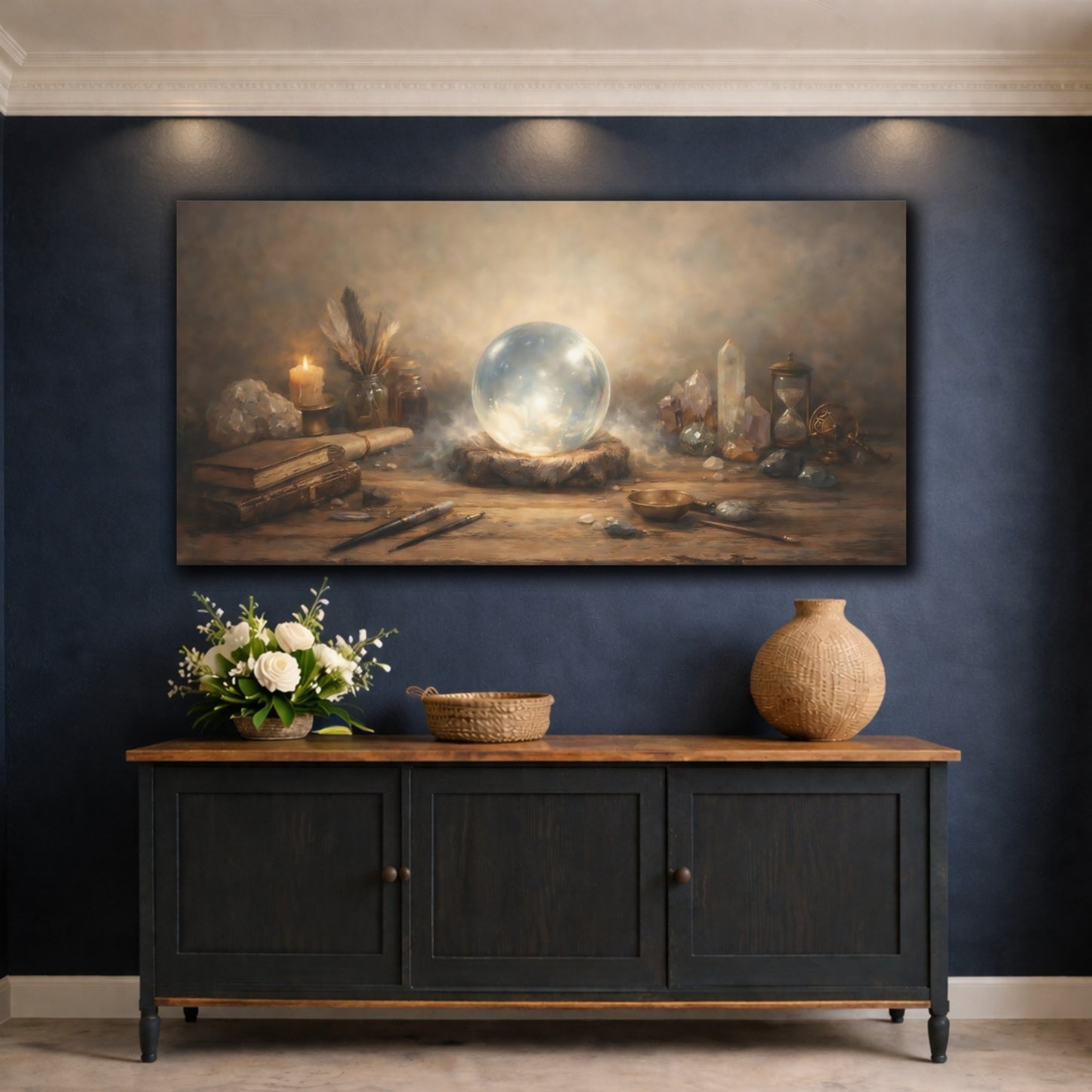 Mockup 4. Vintage Crystal Ball Mystical Glow shown as stretched canvas wall art