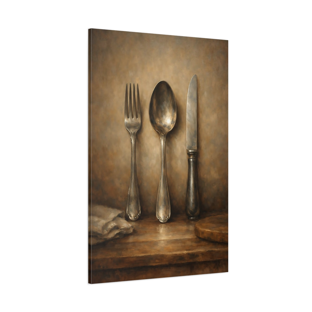 Main Mockup. Vintage Cutlery Brown Silver Still Life shown as stretched canvas wall art