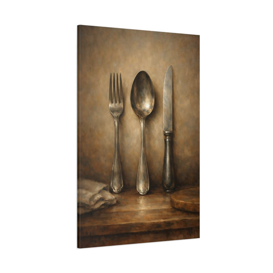 Main Mockup. Vintage Cutlery Brown Silver Still Life shown as stretched canvas wall art