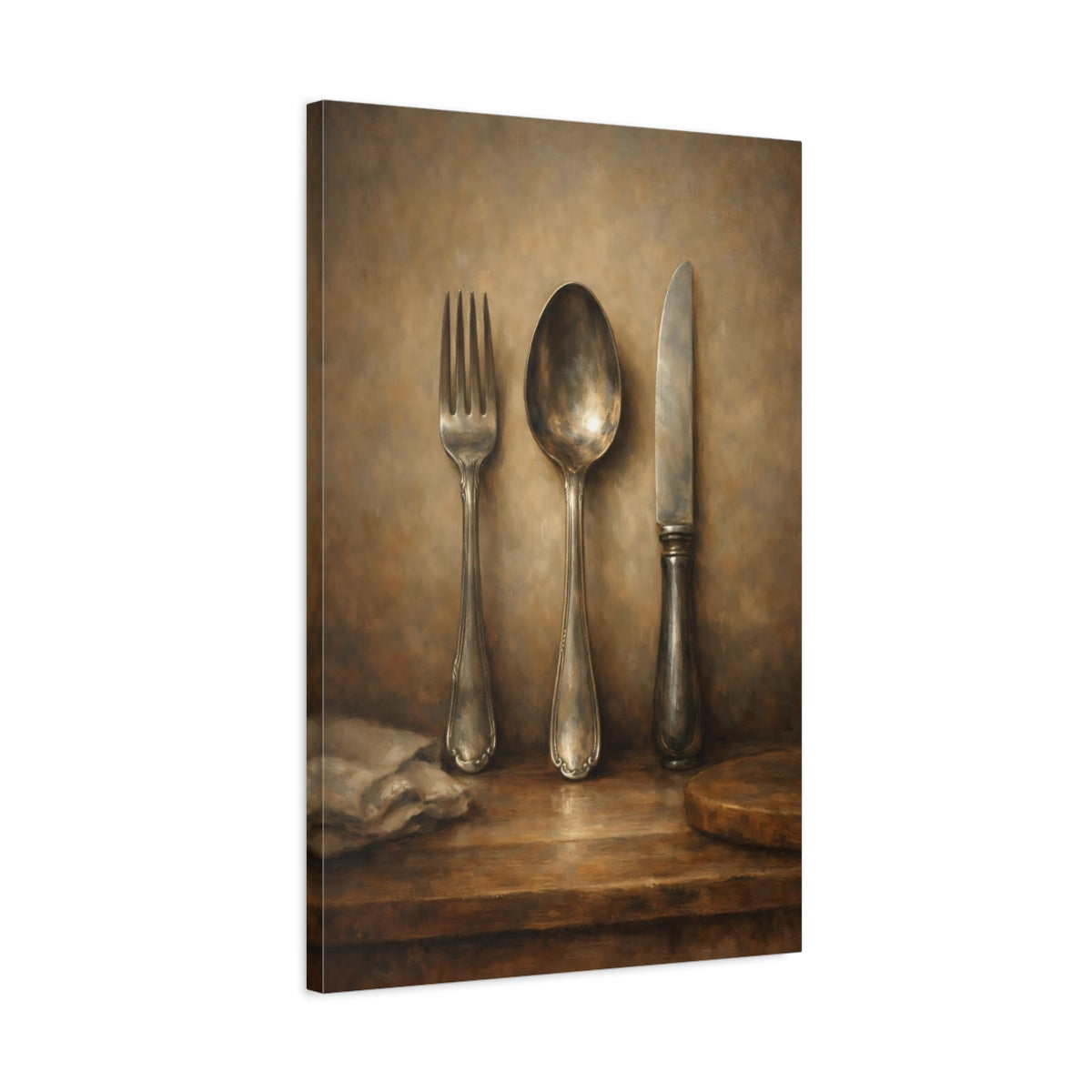 Side Mockup 2. Vintage Cutlery Brown Silver Still Life shown as stretched canvas wall art