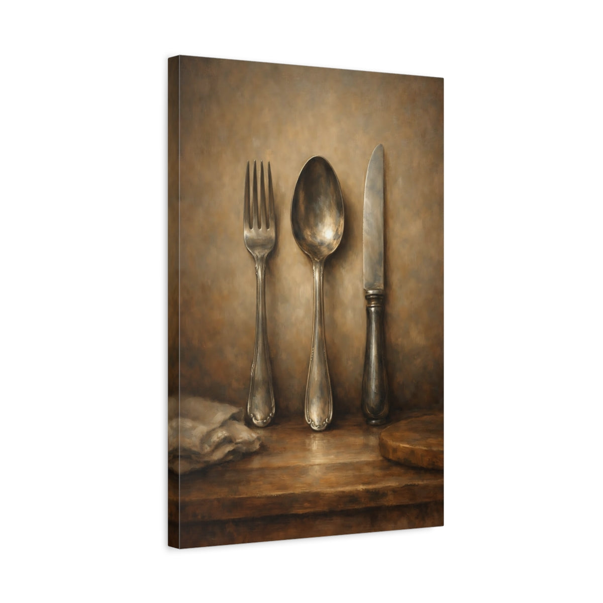 Side Mockup 3. Vintage Cutlery Brown Silver Still Life shown as stretched canvas wall art