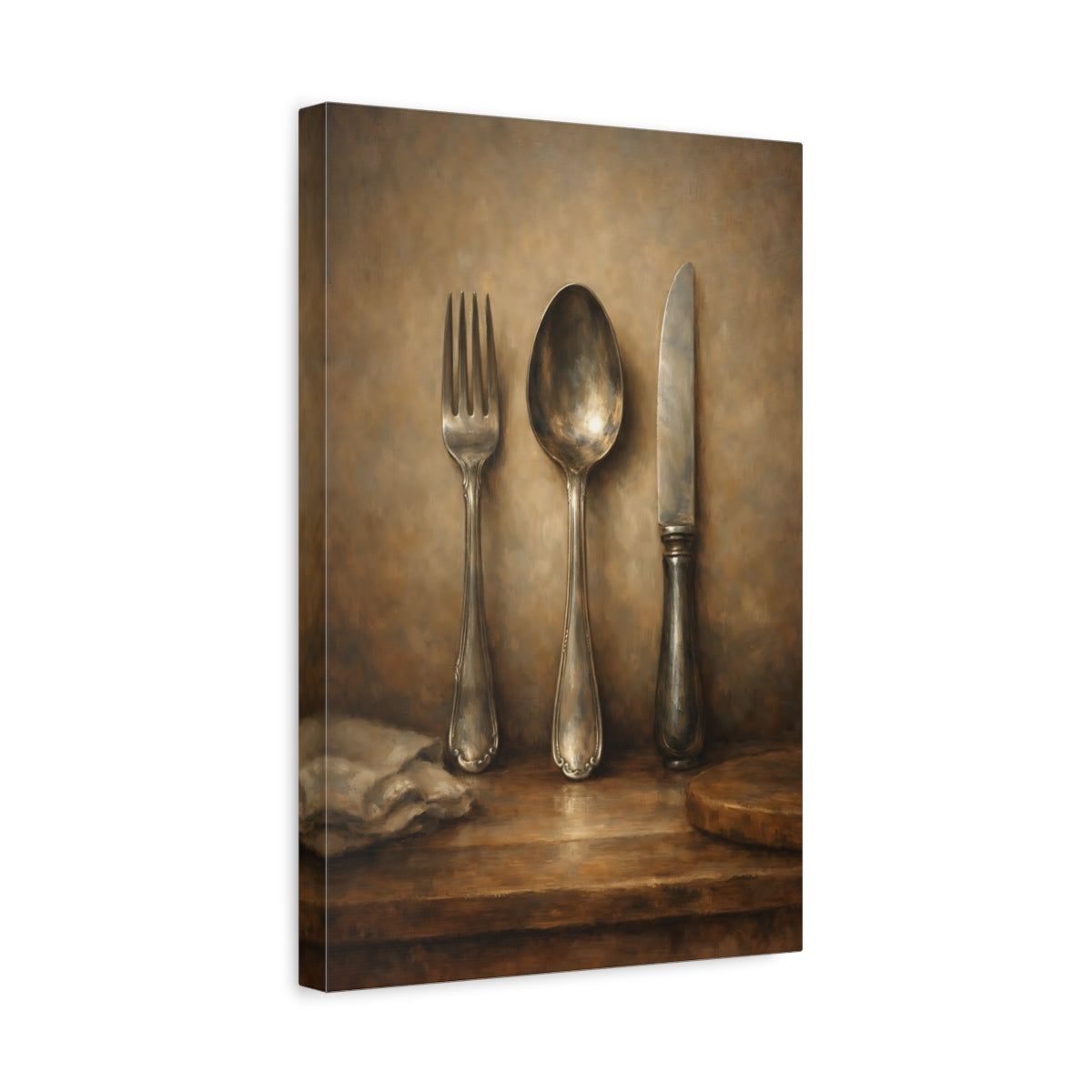 Side Mockup 4. Vintage Cutlery Brown Silver Still Life shown as stretched canvas wall art