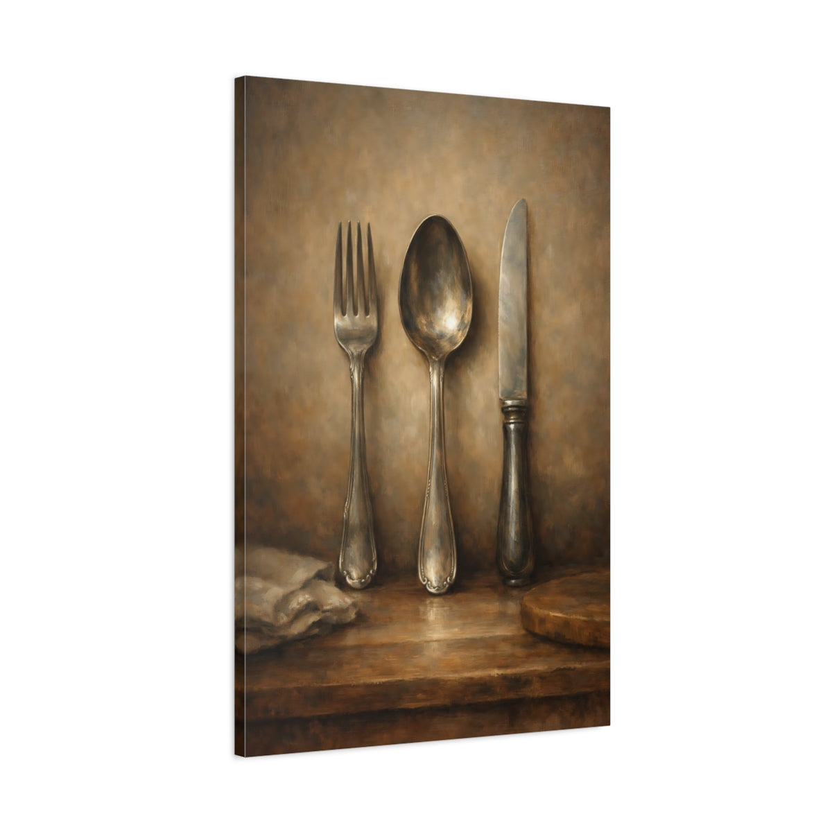 Side Mockup 1. Vintage Cutlery Brown Silver Still Life shown as stretched canvas wall art