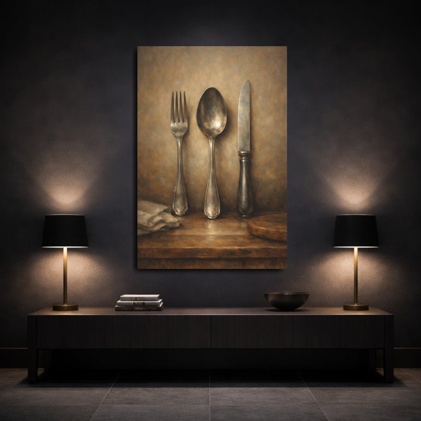 Mockup 2. Vintage Cutlery Brown Silver Still Life shown as stretched canvas wall art