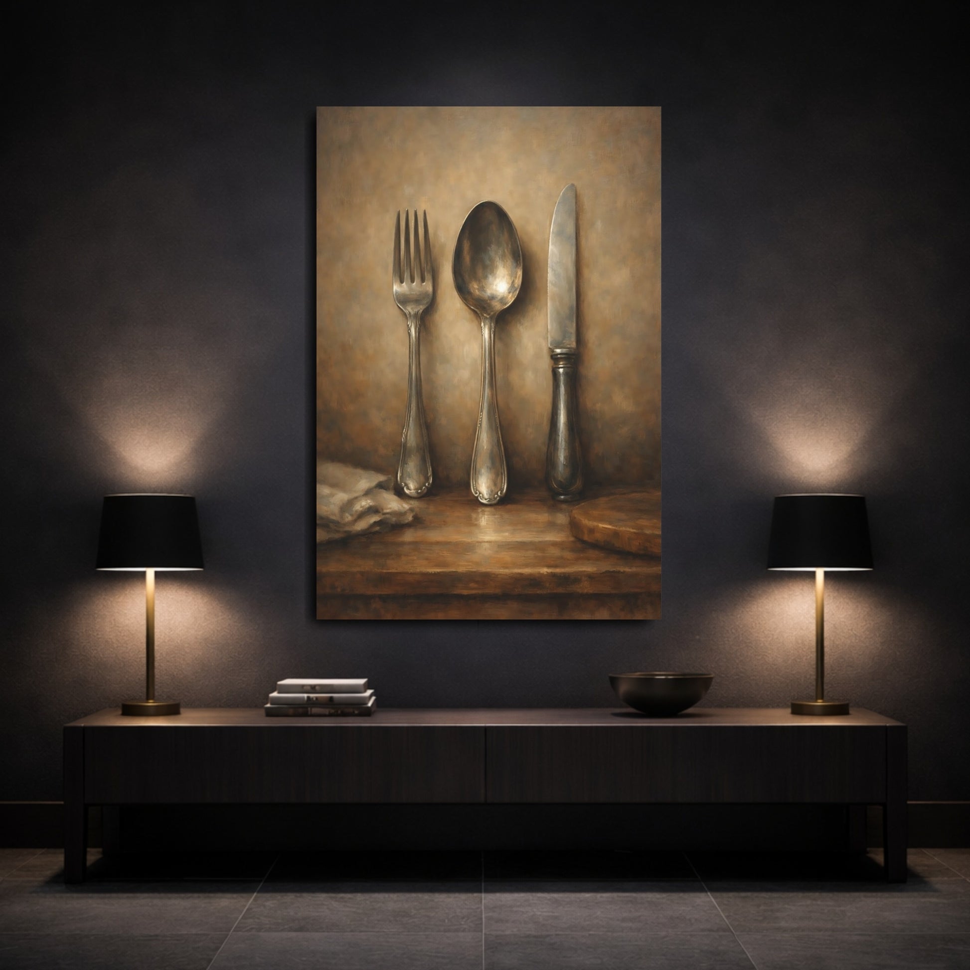 Mockup 2. Vintage Cutlery Brown Silver Still Life shown as stretched canvas wall art