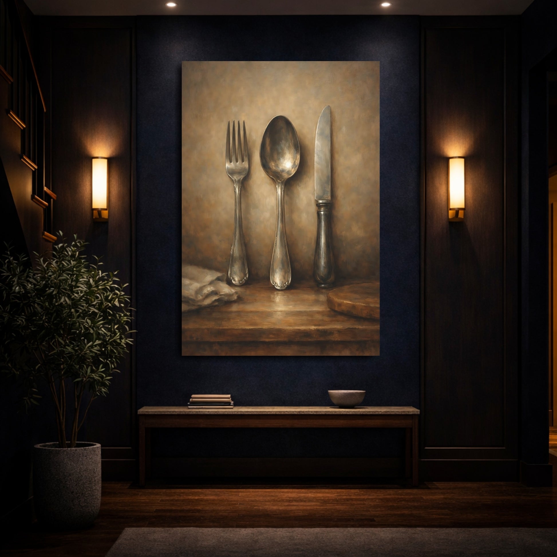 Mockup 3. Vintage Cutlery Brown Silver Still Life shown as stretched canvas wall art