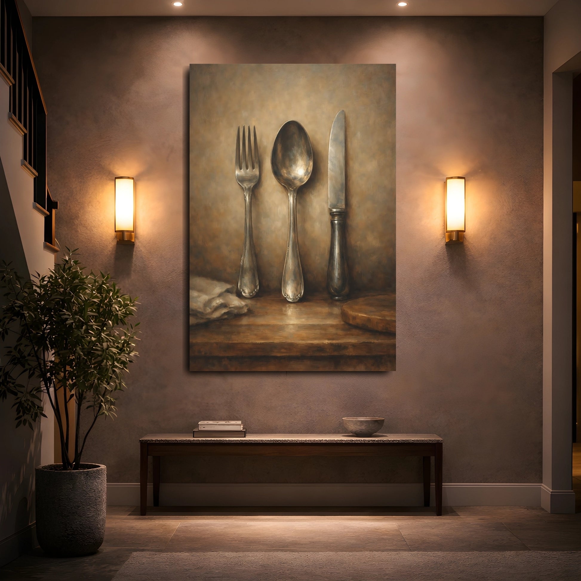 Mockup 4. Vintage Cutlery Brown Silver Still Life shown as stretched canvas wall art