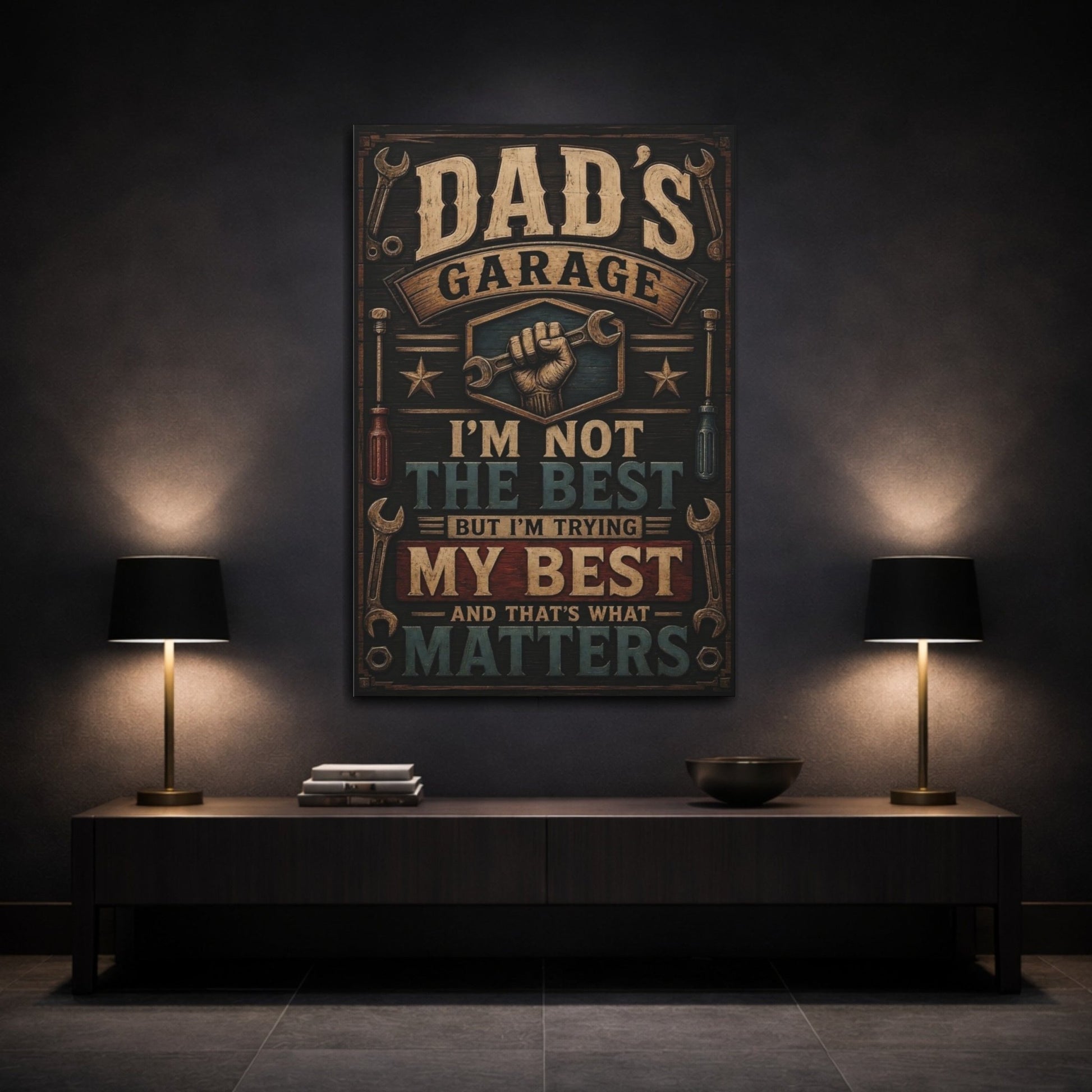 Vintage Dad S Garage Brown And Canvas Print – Statement Wall, Blue - YesArtYes