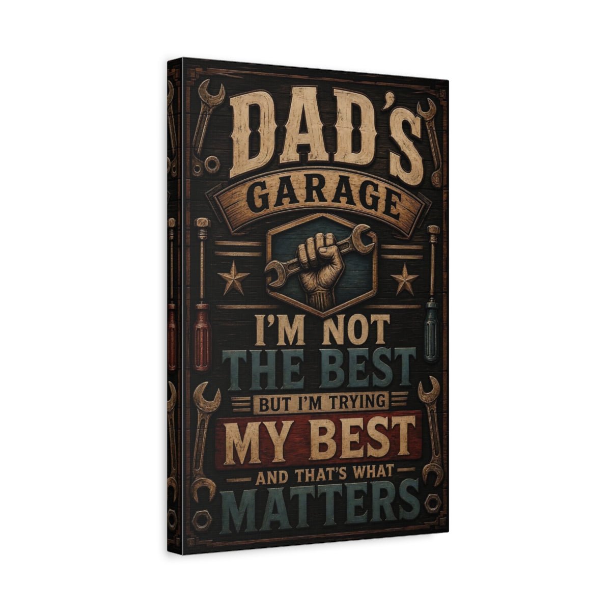 Vintage Dad S Garage Brown And Canvas Print – Statement Wall, Blue - YesArtYes