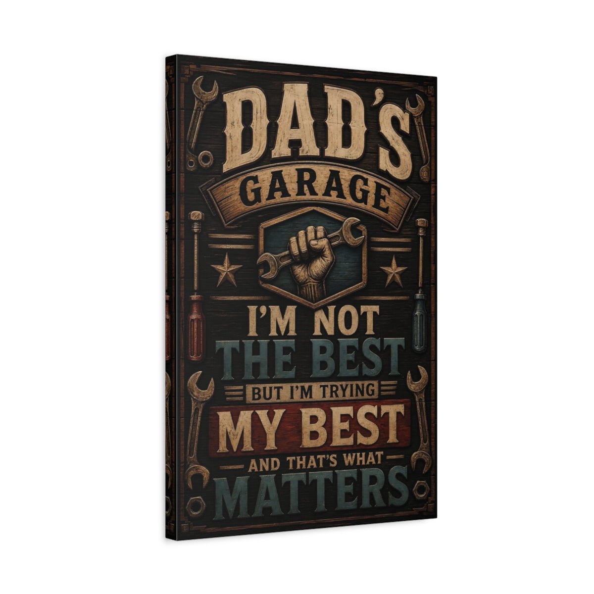 Vintage Dad S Garage Brown And Canvas Print – Statement Wall, Blue - YesArtYes