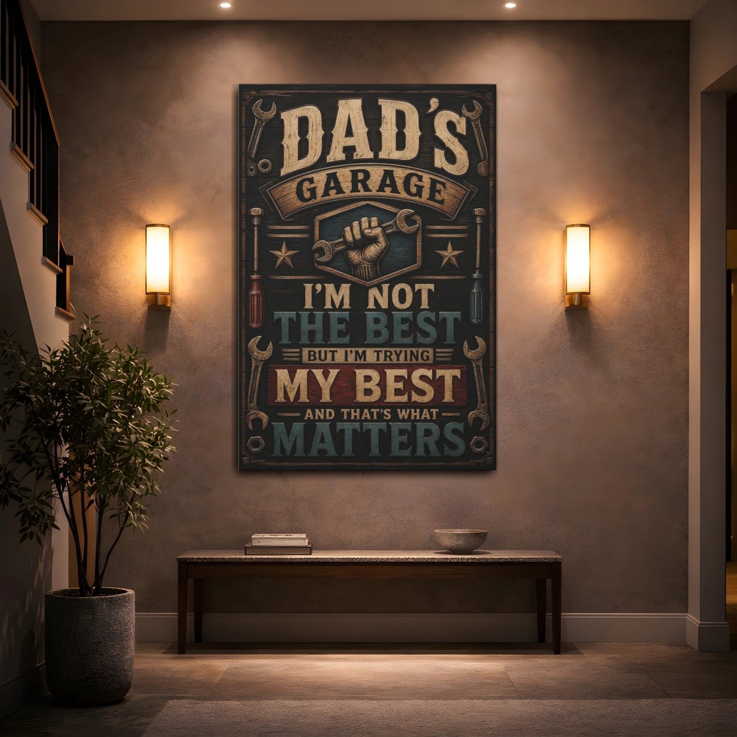 Vintage Dad S Garage Brown And Canvas Print – Statement Wall, Blue - YesArtYes