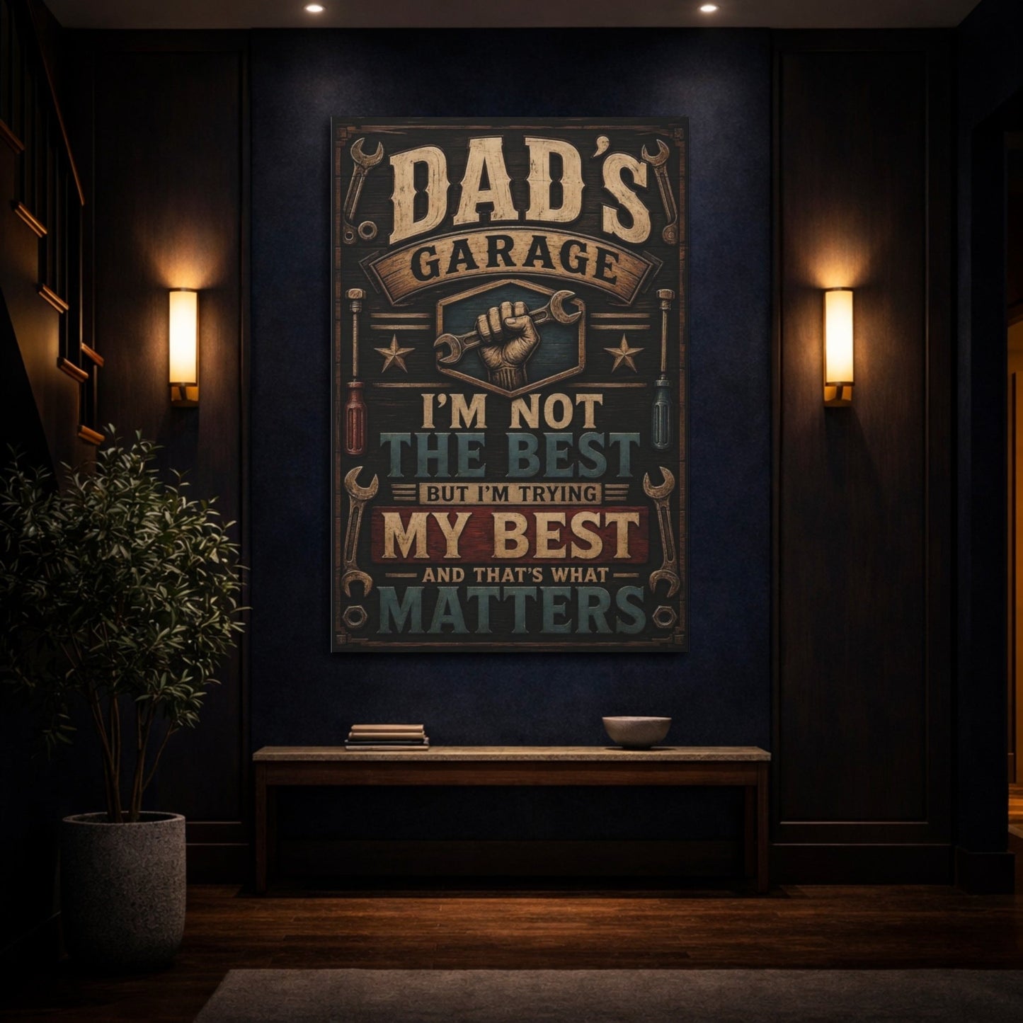 Vintage Dad S Garage Brown And Canvas Print – Statement Wall, Blue - YesArtYes