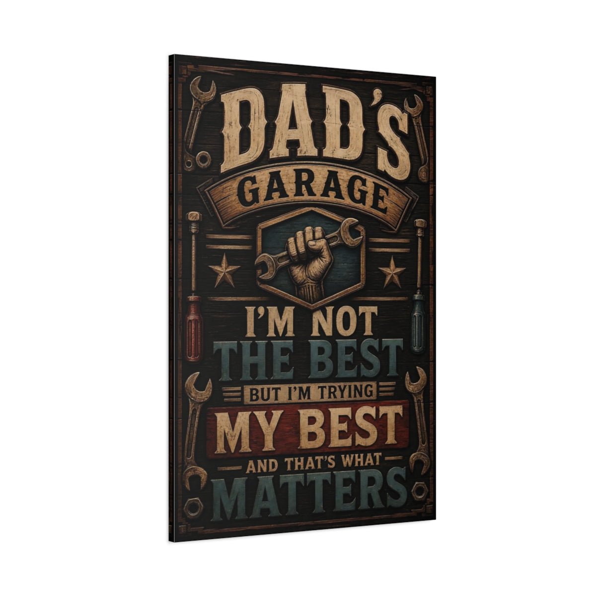Vintage Dad S Garage Brown And Canvas Print – Statement Wall, Blue - YesArtYes