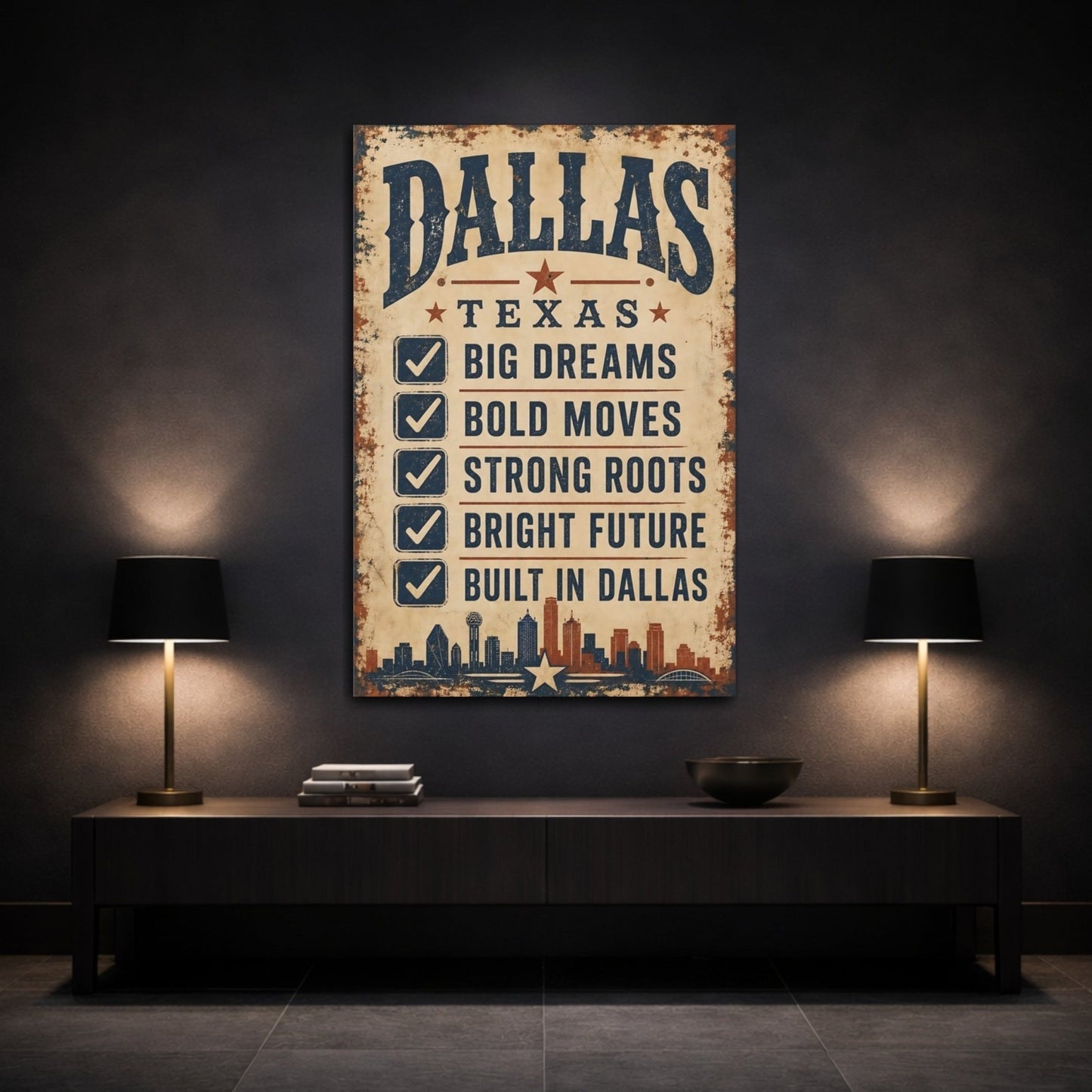 Vintage Dallas City Canvas Print – Living Room, Above Sofa - YesArtYes