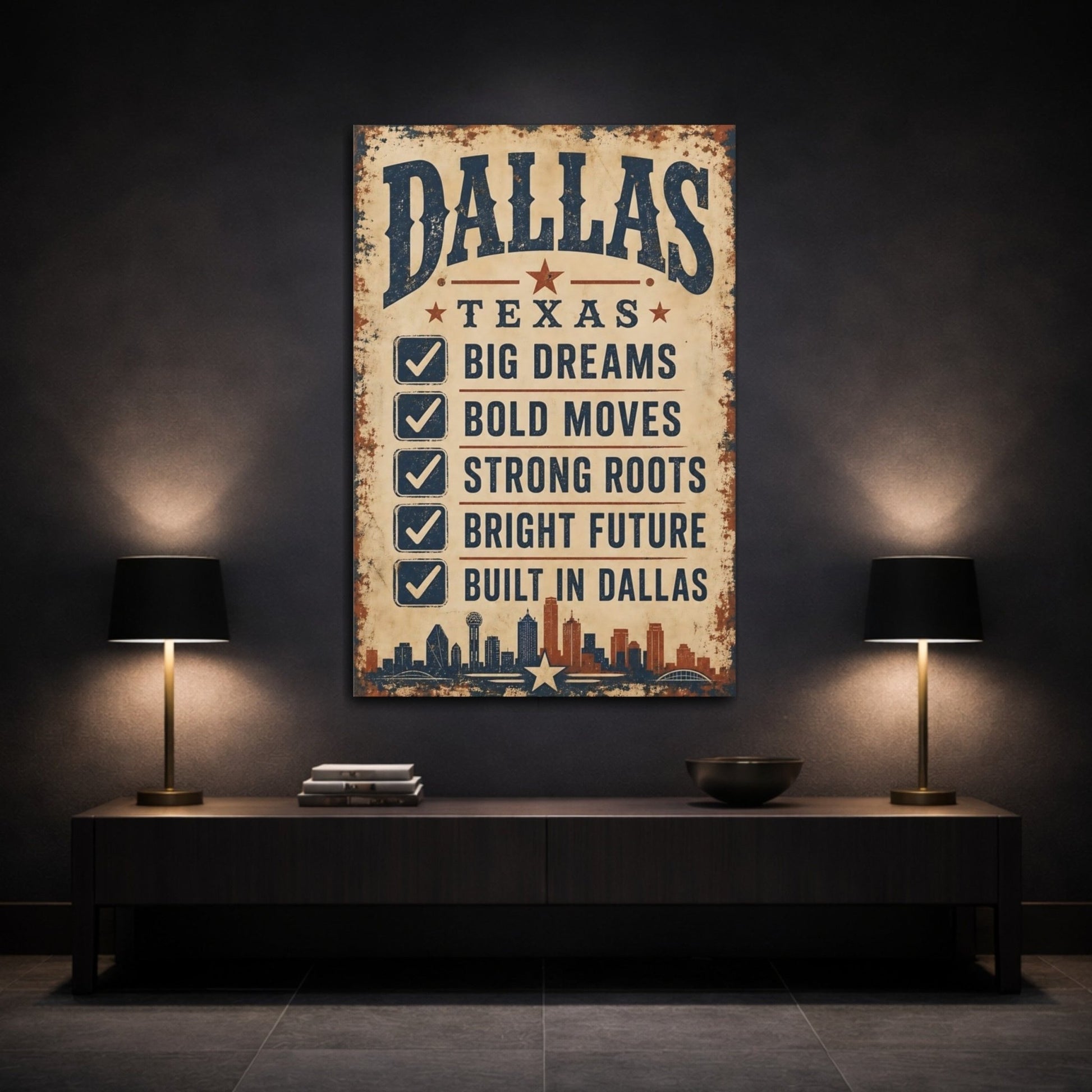 Vintage Dallas City Canvas Print – Living Room, Above Sofa - YesArtYes