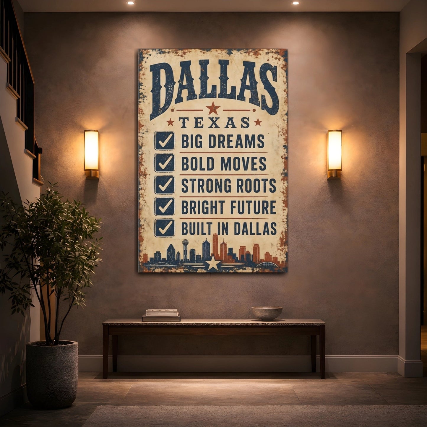 Vintage Dallas City Canvas Print – Living Room, Above Sofa - YesArtYes