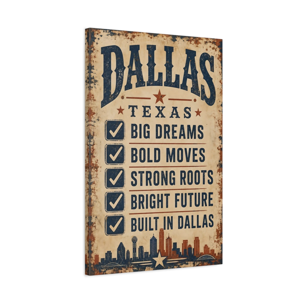 Side Mockup 2. Vintage Dallas City Dallas Vintage shown as stretched canvas wall art
