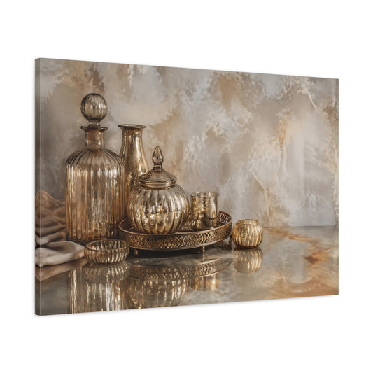 Main Mockup. Vintage Decorative Glassware Gold Vintage Decor shown as stretched canvas wall art