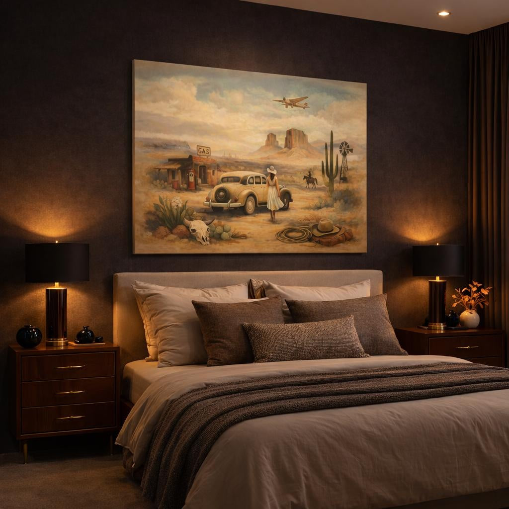 Vintage Desert Landscape Vintage Desert Scene shown as canvas wall art in a luxury bedroom