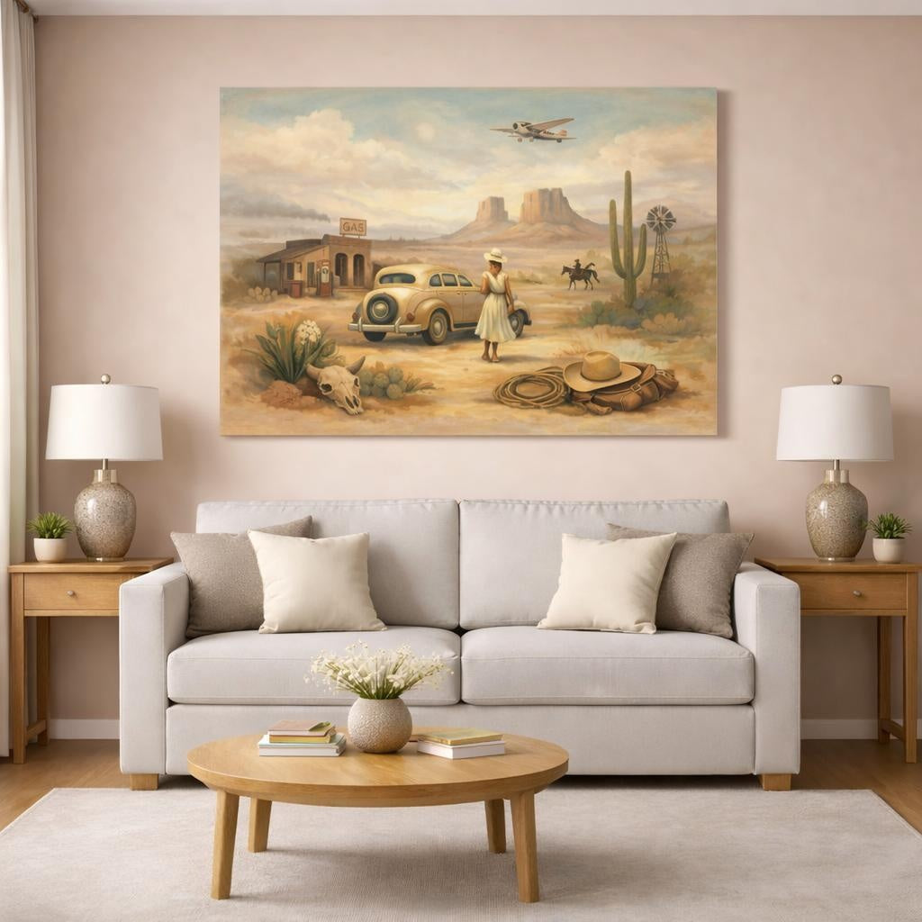 Vintage Desert Landscape Vintage Desert Scene shown as canvas wall art in a modern living room
