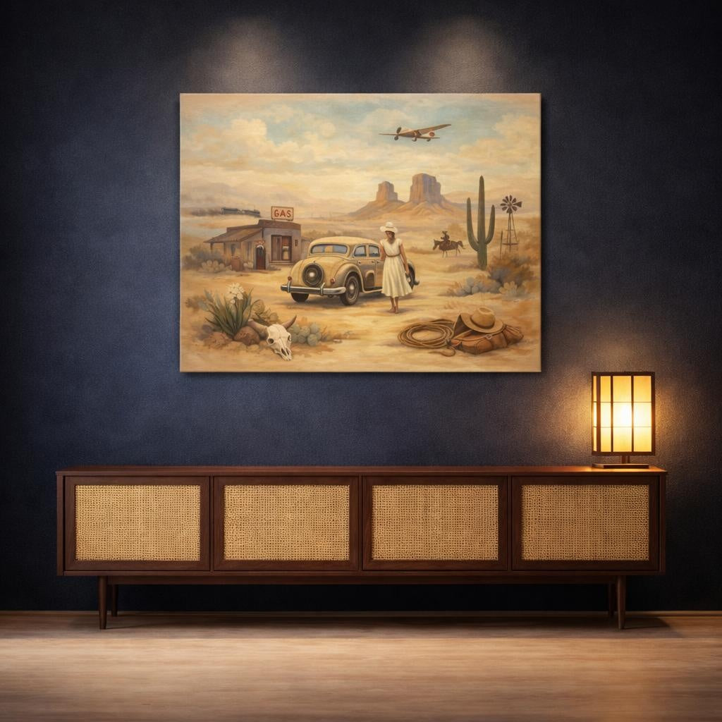Vintage Desert Landscape Vintage Desert Scene shown as canvas wall art in a sophisticated contemporary living space