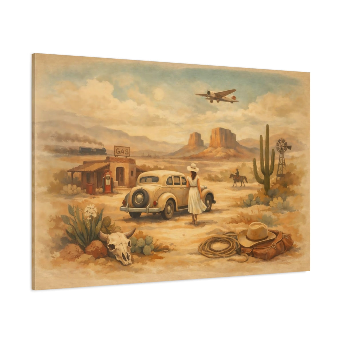 Vintage Desert Landscape Vintage Desert Scene shown as stretched canvas wall art
