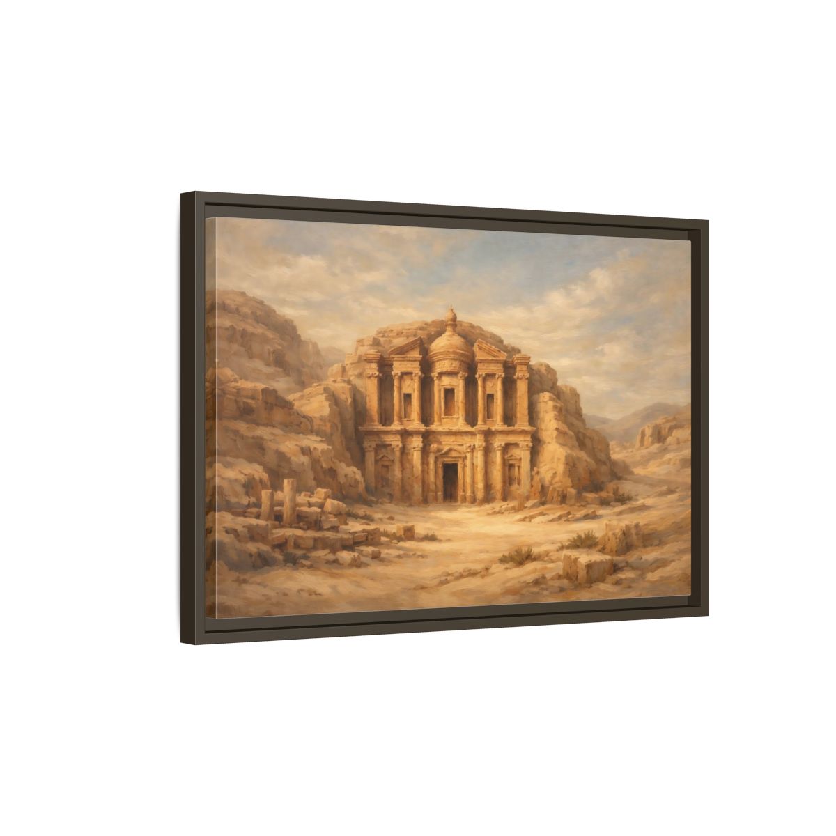 Side Mockup 2. Vintage Desert Monument Brown And Tan shown as stretched canvas wall art