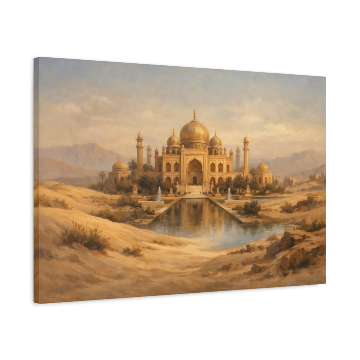 Side Mockup 2. Vintage Desert Palace Golden Palace shown as stretched canvas wall art