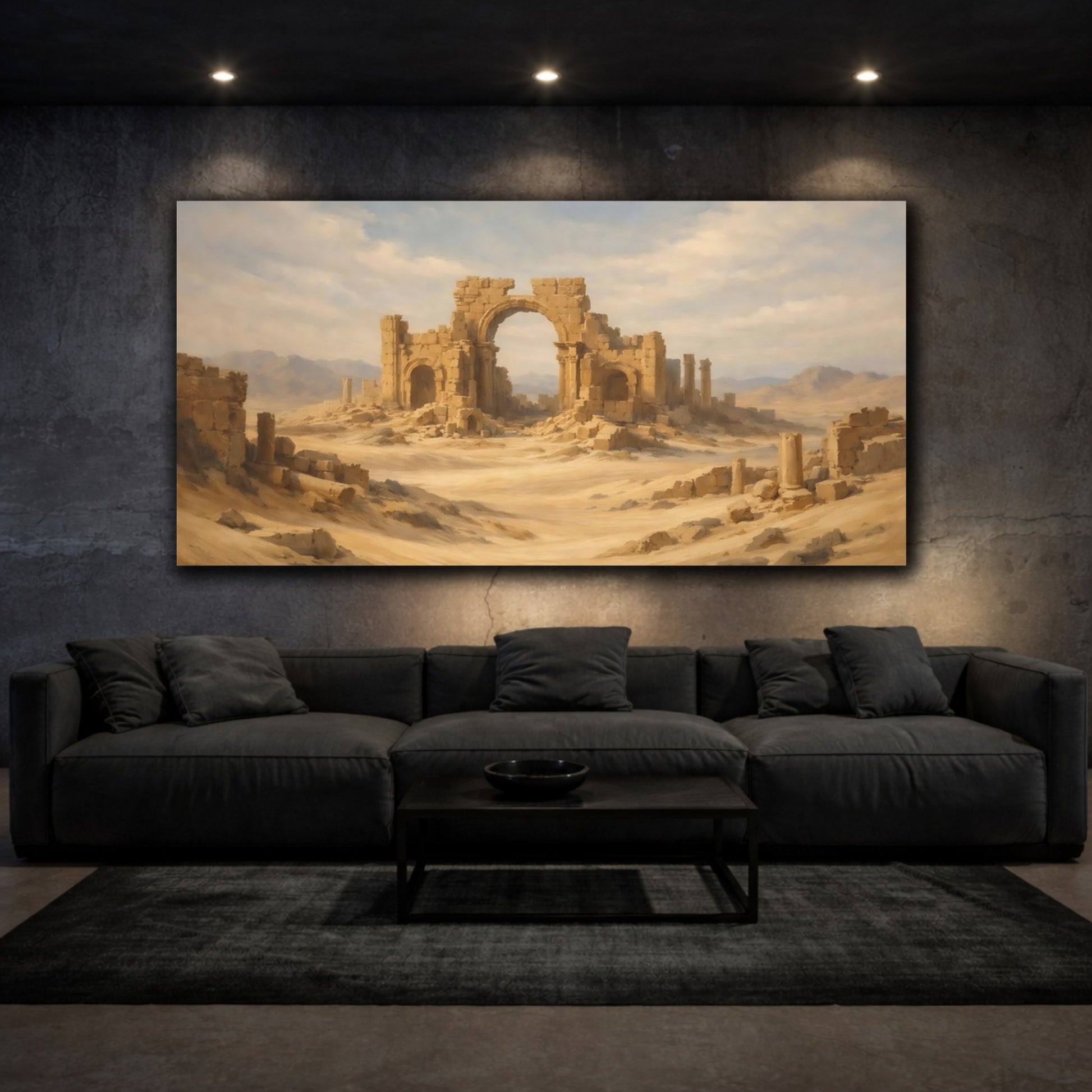 Mockup 2. Vintage Desert Ruins Brown And Blue shown as stretched canvas wall art