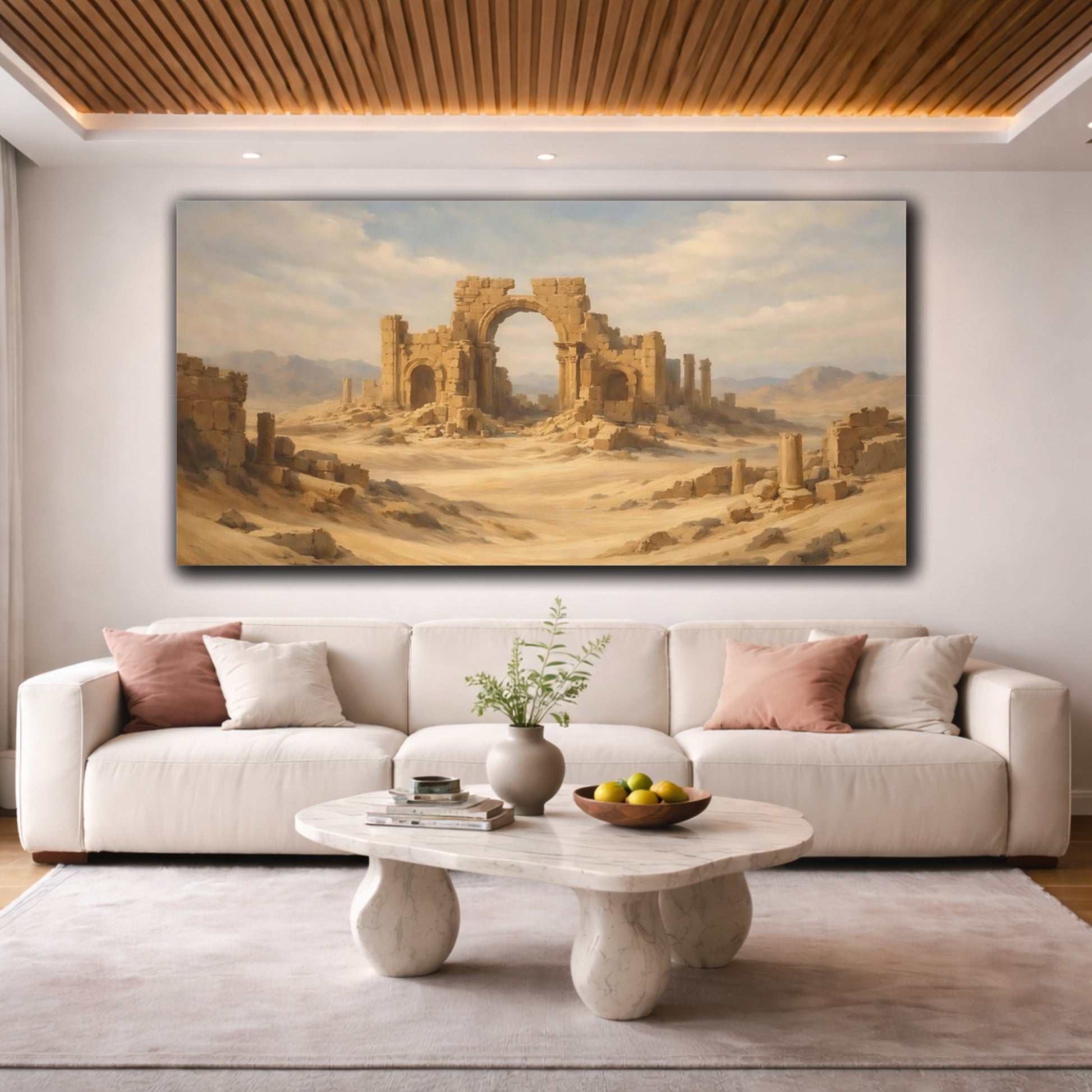 Mockup 3. Vintage Desert Ruins Brown And Blue shown as stretched canvas wall art