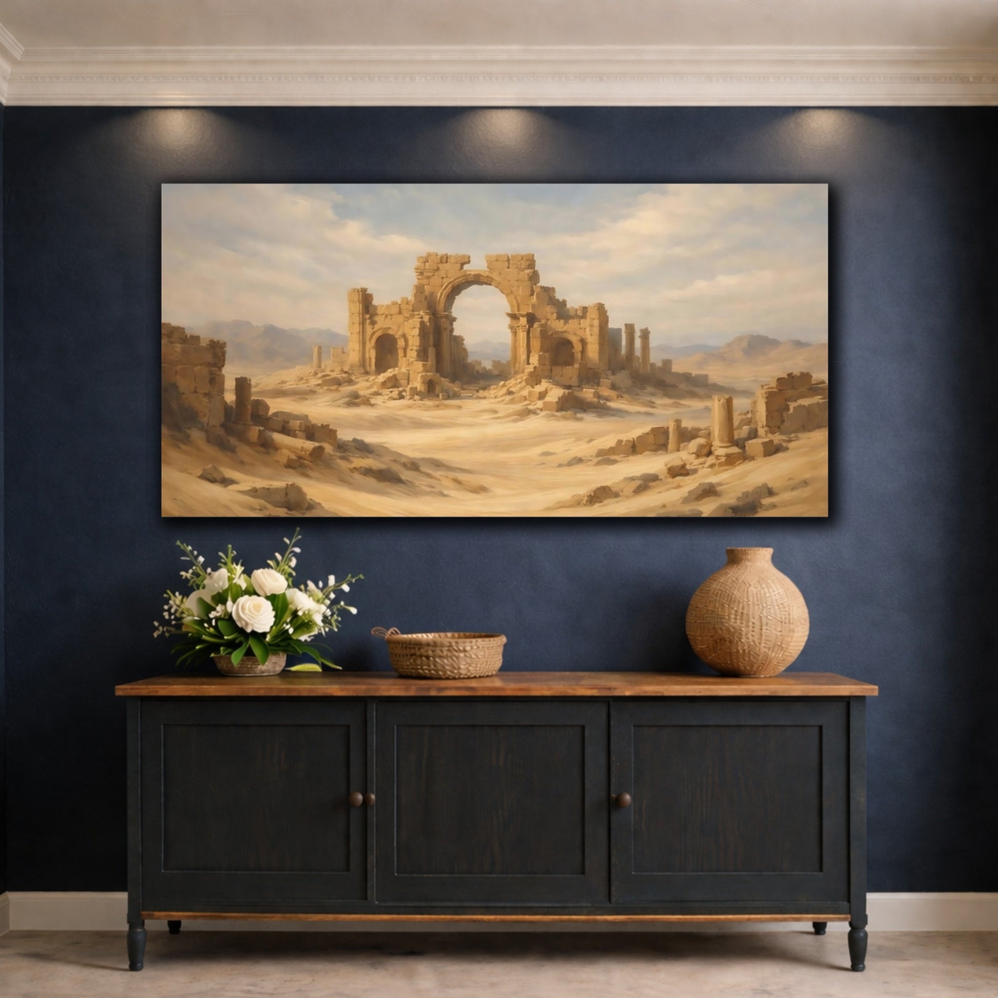 Mockup 4. Vintage Desert Ruins Brown And Blue shown as stretched canvas wall art