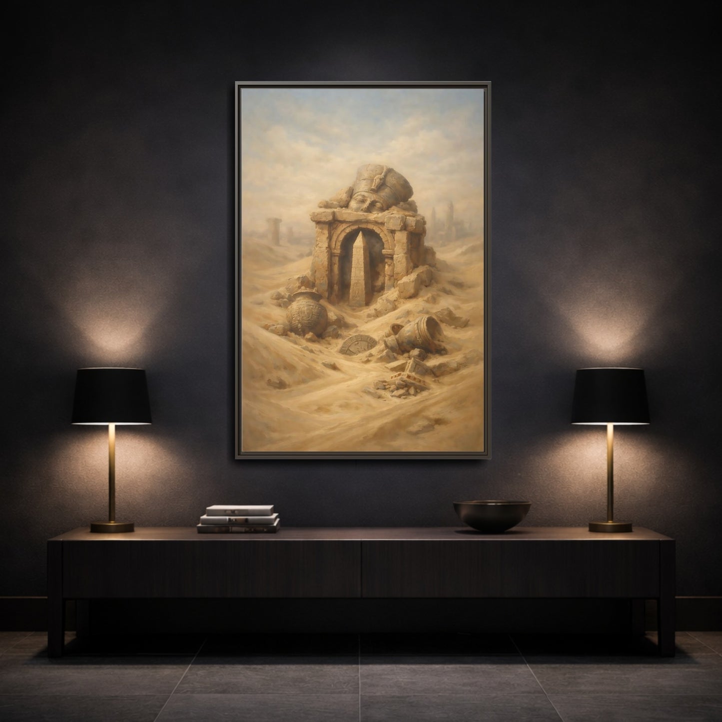 Mockup 2. Vintage Desert Ruins Desert Ruins Gold shown as stretched canvas wall art