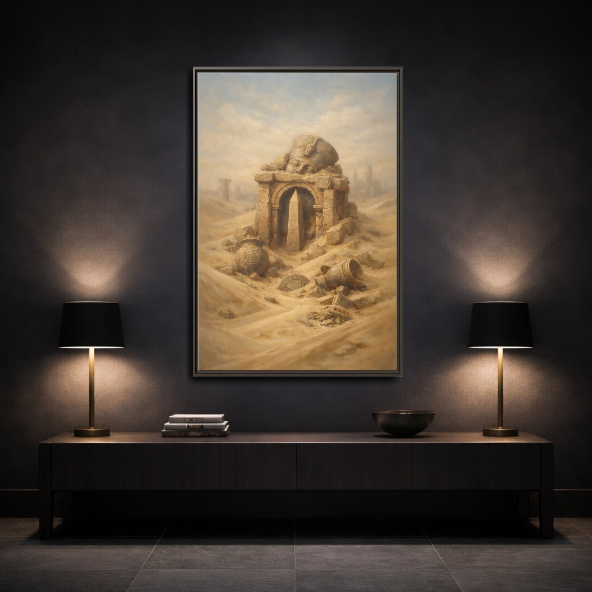 Mockup 2. Vintage Desert Ruins Desert Ruins Gold shown as stretched canvas wall art