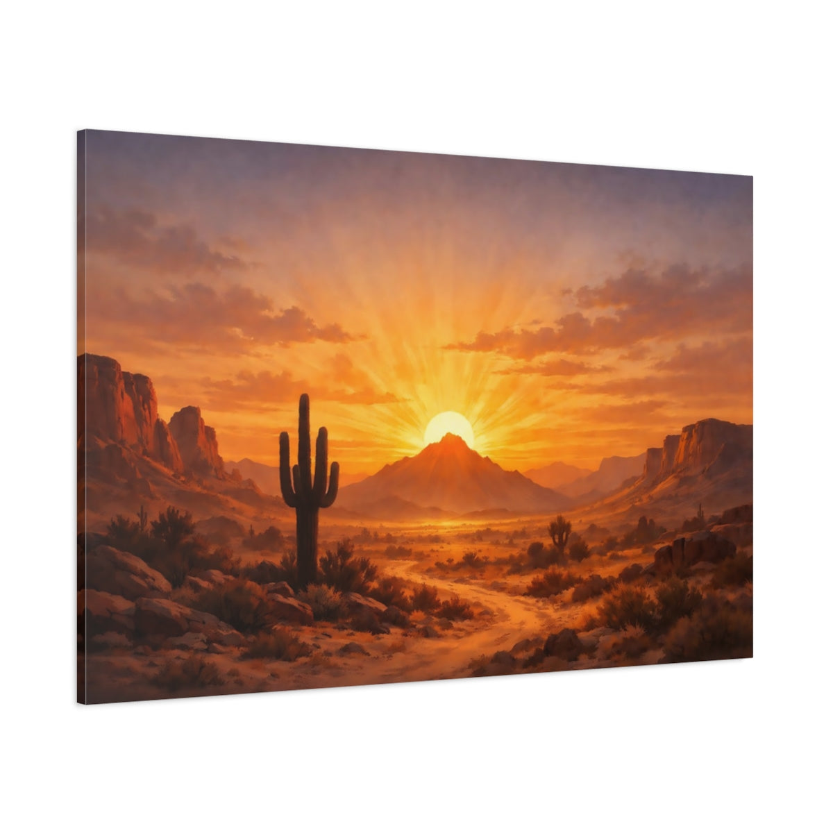 Vintage Desert Sunset shown as stretched canvas wall art