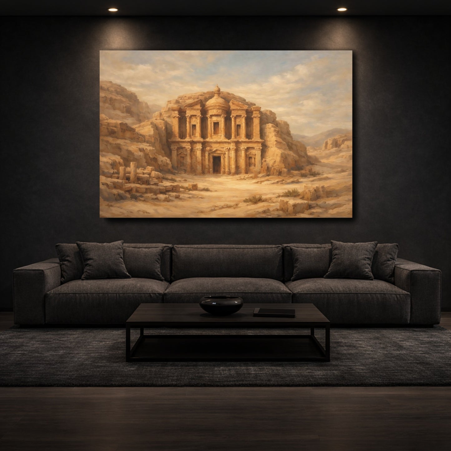 Mockup 2. Vintage Desert Temple Brown And Beige shown as stretched canvas wall art