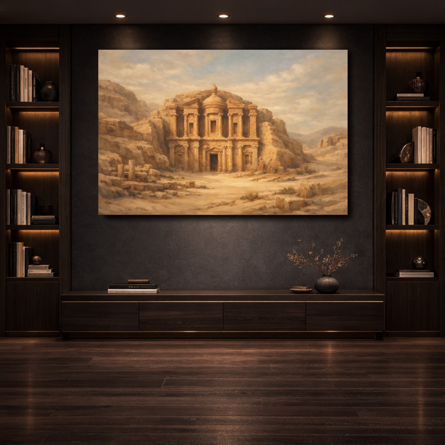 Mockup 3. Vintage Desert Temple Brown And Beige shown as stretched canvas wall art