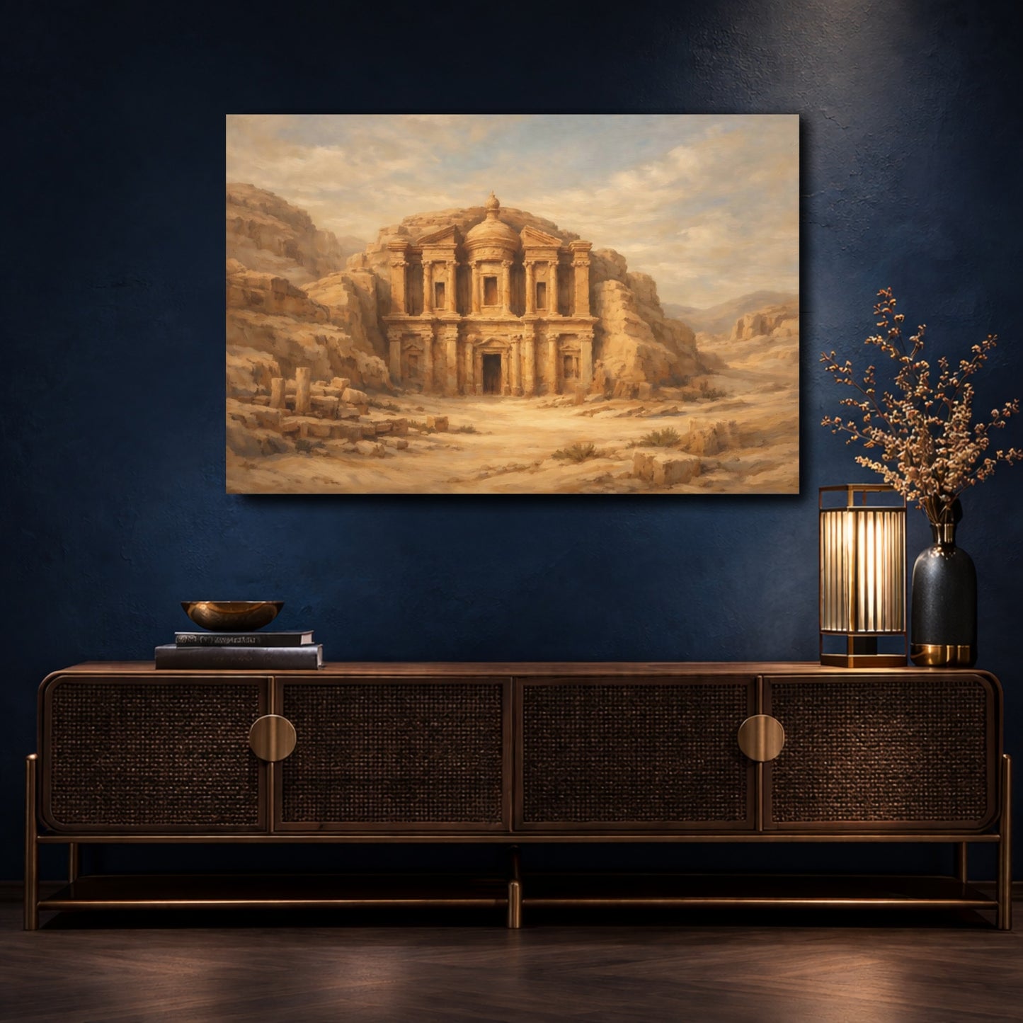 Mockup 4. Vintage Desert Temple Brown And Beige shown as stretched canvas wall art