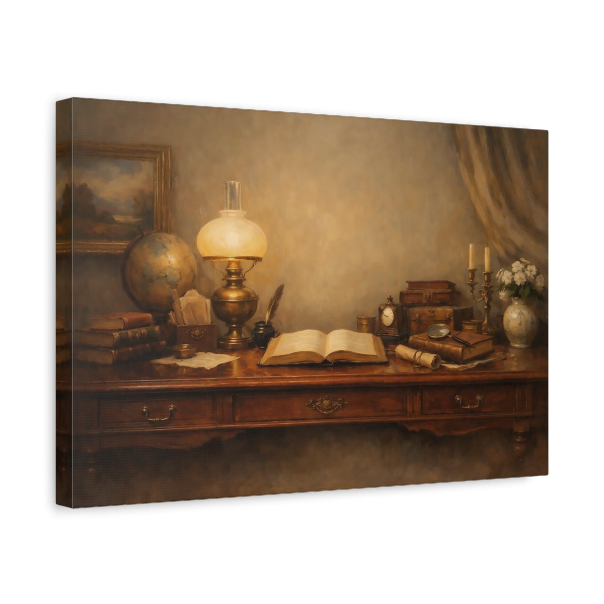 Side Mockup 4. Vintage Vintage Desk Brown And Gold shown as stretched canvas wall art