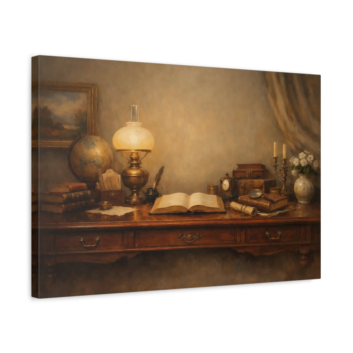 Side Mockup 3. Vintage Vintage Desk Brown And Gold shown as stretched canvas wall art