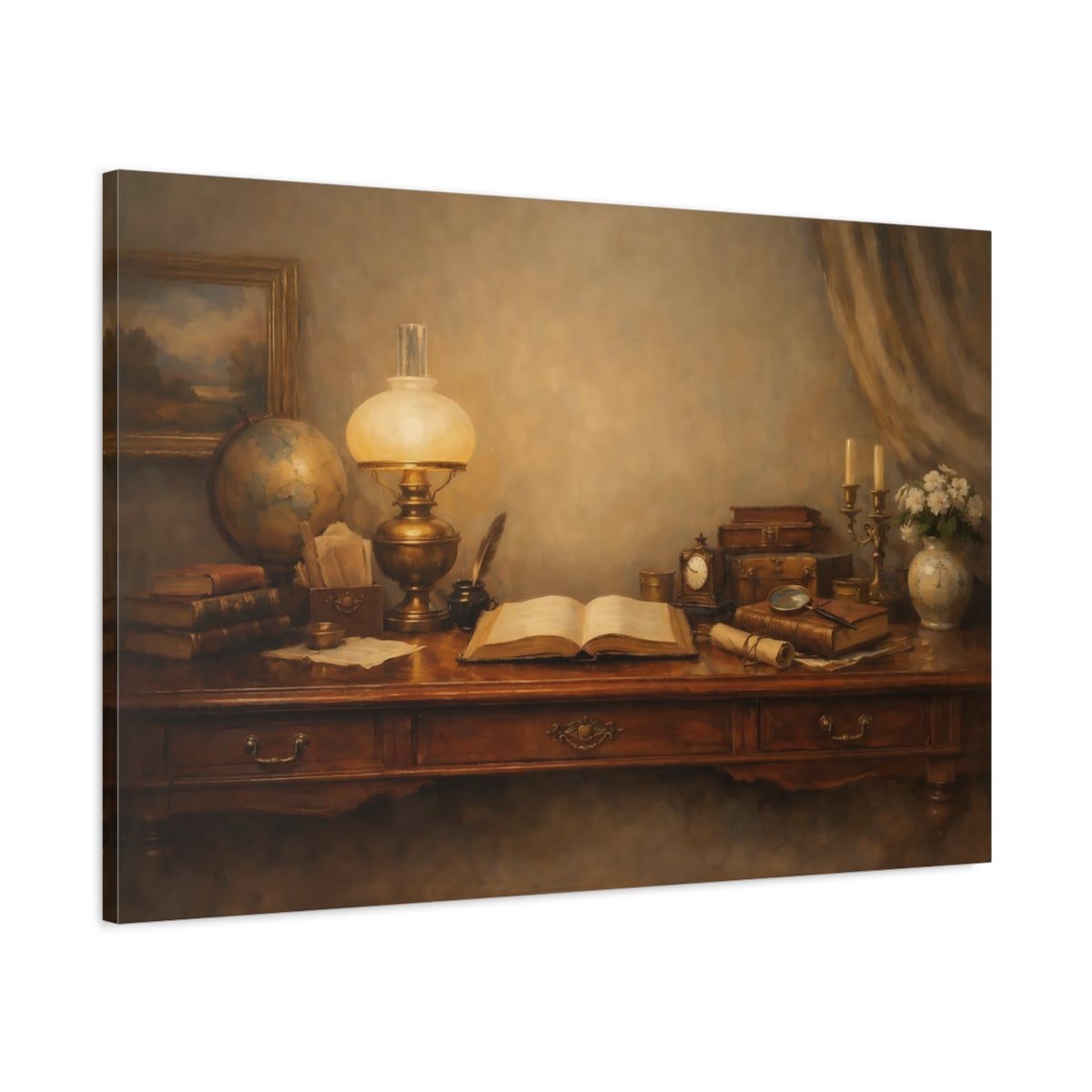 Side Mockup 1. Vintage Vintage Desk Brown And Gold shown as stretched canvas wall art